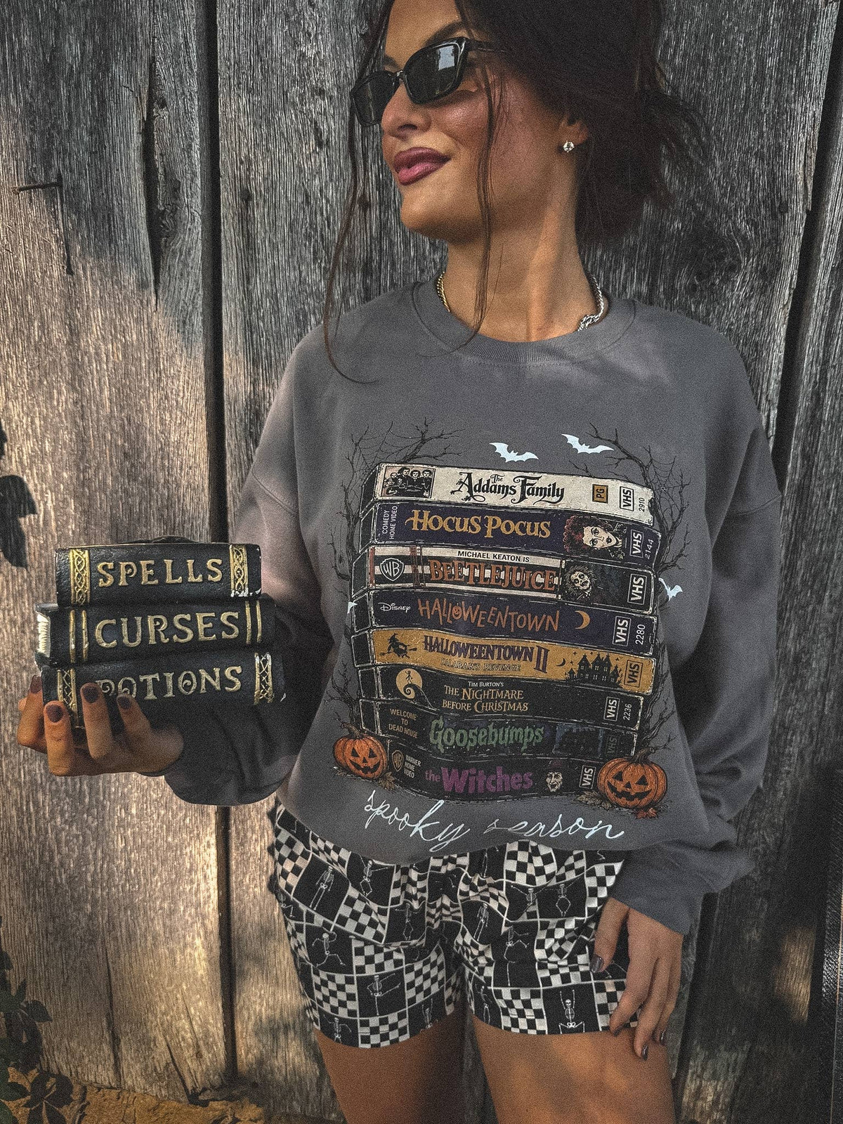 Spooky Season VHS Graphic Crewneck on Charcoal