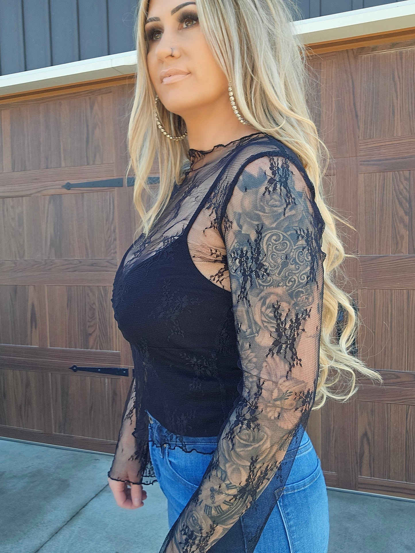 Lace Mesh Long Sleeve Blouse With Under Shirt