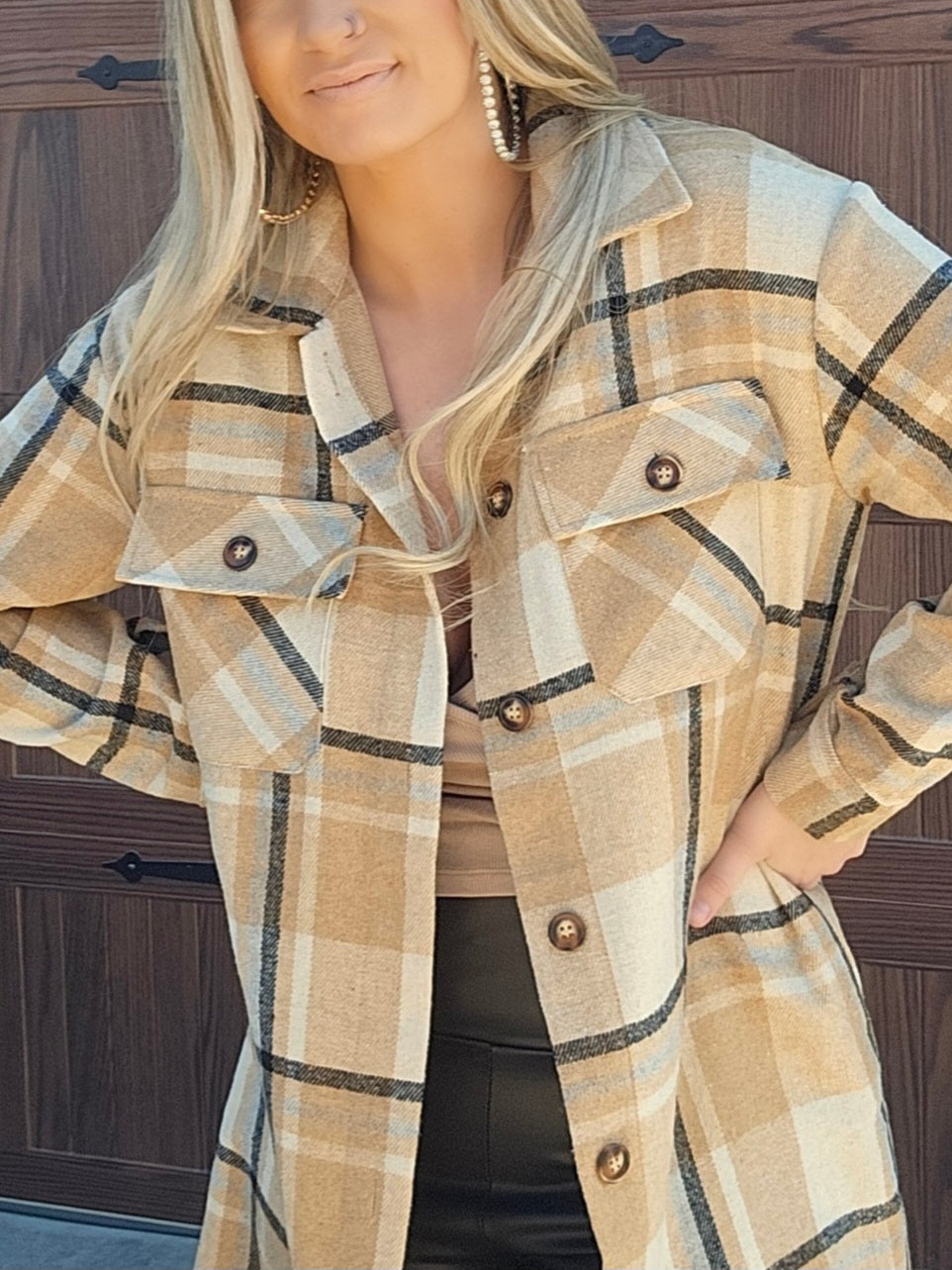 Tan, Black & Beige Plaid Long Flannel