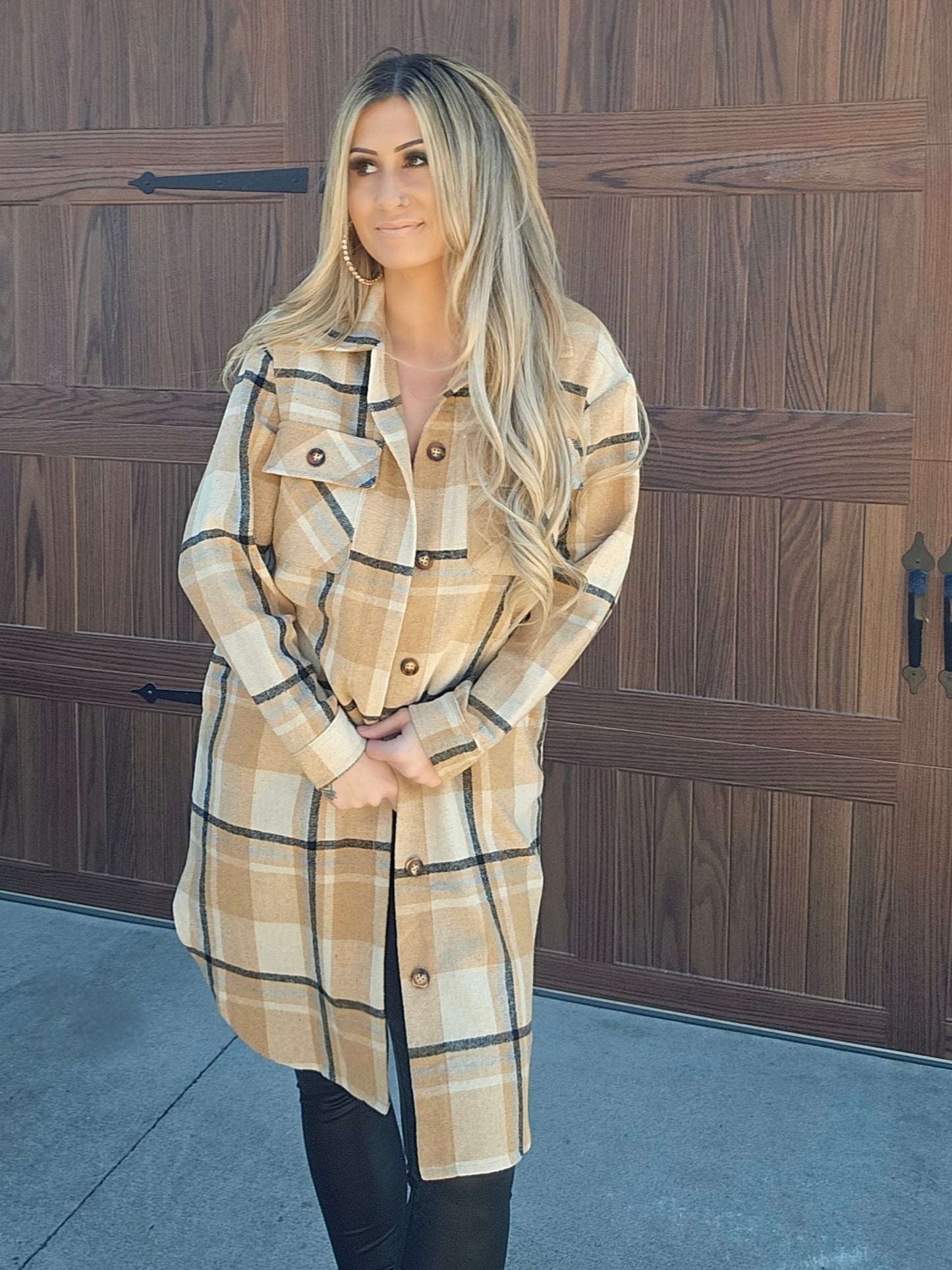 Tan, Black & Beige Plaid Long Flannel