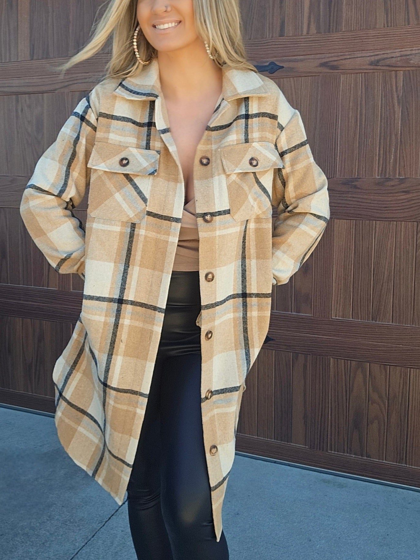 Tan, Black & Beige Plaid Long Flannel