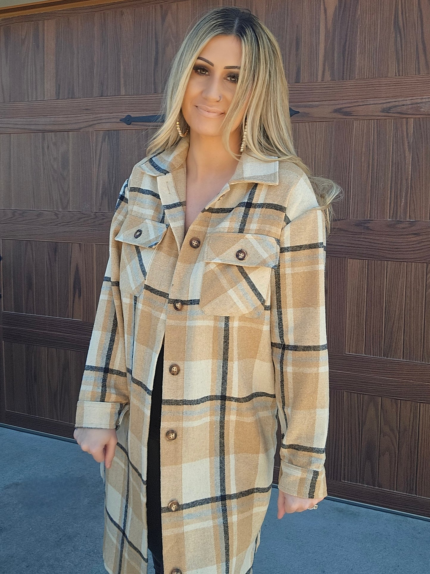 Tan, Black & Beige Plaid Long Flannel