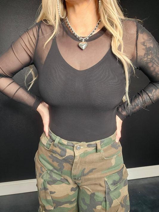 Mesh Long Sleeve Slim Fit Bodysuit With Tank