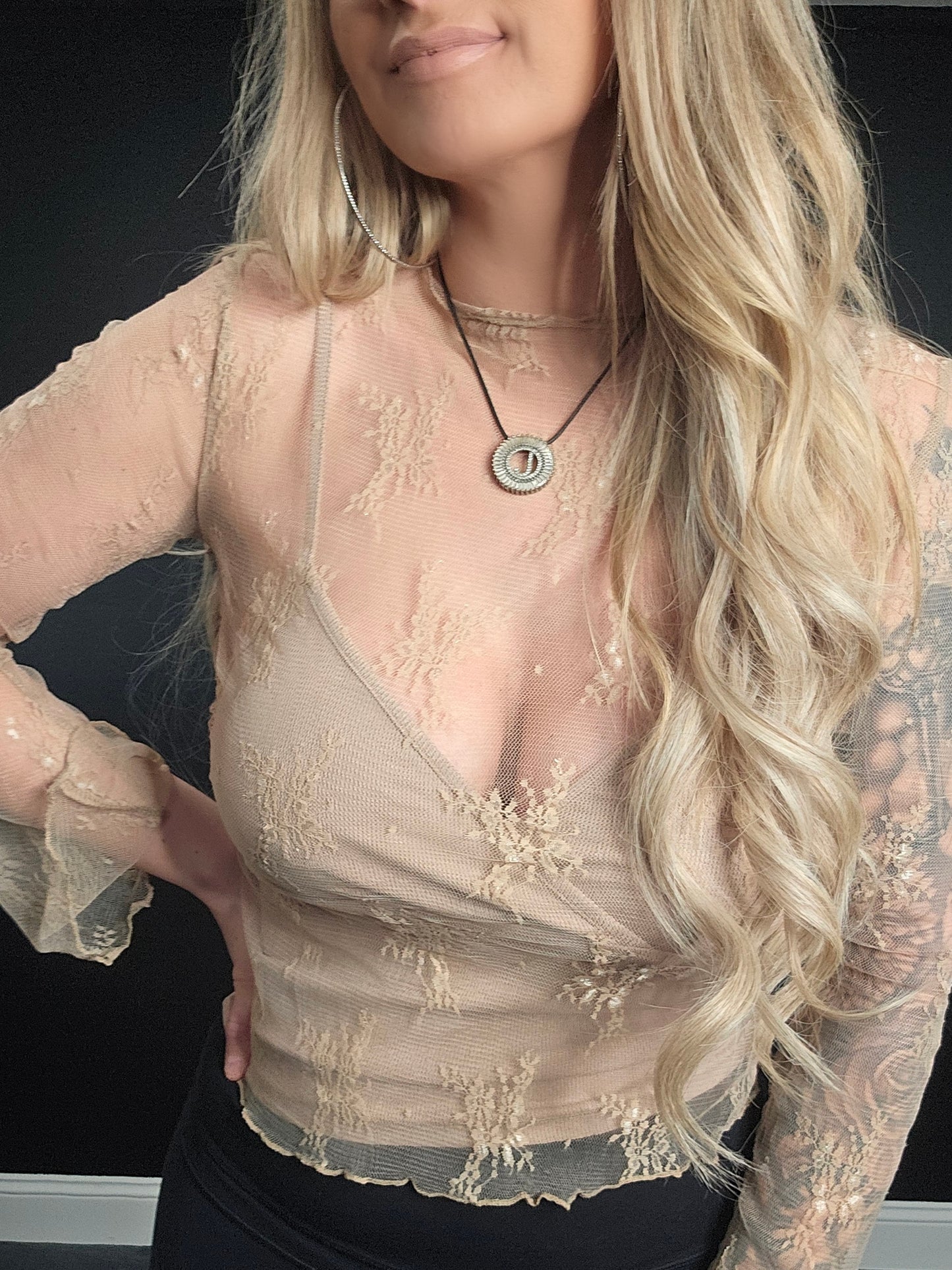 Lace Mesh Long Sleeve Blouse With Under Shirt